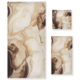 ALAZA Beige and Brown Marble Geometric Towel Bathroom Set, 3-Piece Towel Set, 1 Bath Towel, 1 Hand Towel, 1 Washcloth,Soft Absorbent Towel for Home Kitchen Gym Beach