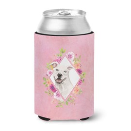 Caroline's Treasures CK4268CC White Pit Bull Terrier Pink Flowers Can or Bottle Hugger Cooler Washable Drink Sleeve Collapsible Beverage Insulated Holder, Can Hugger, Multicolor