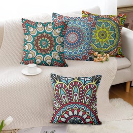 Boho Cushion Covers 45 x 45 cm Set of 4, Hnmdmyi Bohemian Farmhouse Retro Floral Mandala Compass Medallion Decorative Throw Pillow Covers Linen Pillowcases for Sofa Couch Bed Garden Outdoor Home Decor