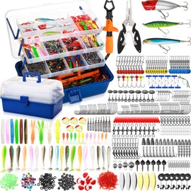RoundFunny 756 Pcs Large 4 Layer Tackle Box with Tackle Fishing Lures Kit Included, Pliers, Lip Gripper, Hooks, Weights Sinkers, Crankbait Other Accessories, Gear and Equipment, Gift for Men