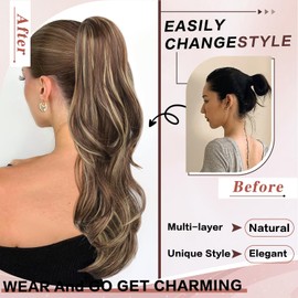 CHRSHN Ponytail Extension, Drawstring Ponytail Extension for Women 23 Inch Long Wavy Brown Pony Tails Hair Extensions Synthetic Clip in Ponytail Hairpiece for Women(Blonde & Medium Brown)