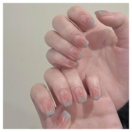 Crymystal Square Press on Nails Gradient Solid French Medium Full Cover Fake Nails Sequins Design Artificial Acrylic False Nails for Women DIY Autumn And Winter Nail Decorations 24PCS