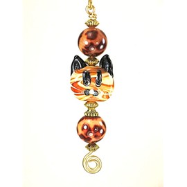 Loveable Tawny Amber Tabby Cat Animal Cheetah Print Lampwork Glass Light or Ceiling Fan Pull