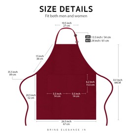 Syntus 2 Pack Adjustable Bib Apron Waterdrop Resistant with 2 Pockets Cooking Kitchen Aprons for BBQ Drawing, Women Men Chef, Dark Red