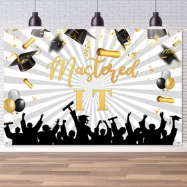Mastered It Backdrop, Congrats Grad Party Decorations Prom Party Hanging Sign Graduation Ceremony Photography Backdrop for 2025 High School/College 6x4ft - White Gold