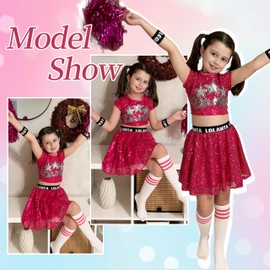 LOLANTA 4 Piece Dance Costume for Girls Sequin Skirt with Sequin Top for Hip-hop Team Perforamnce (RosePink, 7-8 Years)