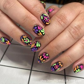 Flower Press on Nails Short Almond Fake Nails Fluorescent Color Floral False Nails Full Cover Round Head Shape Acrylic Nails Spring Summer Colorful Flowers Stick on Nails for Women Nail Decoration