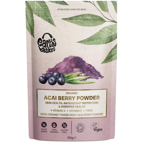 Earths Basket Organic Acai Berry Powder 50g, Natural Source of Antioxidants, Skin Health