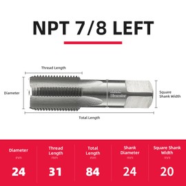 7/8 NPT Left Hand High Speed Steel Pipe Tap HSS (High Speed Steel) Tapered Pipe Thread Tap DRINYOUNG(NPT7/8 Left)