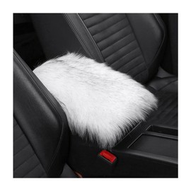 Furry Auto Center Console Cover Pad, 11.8"x7.8" Soft Sheepskin Wool Armrest Cushion, Fluffy Vehicle Armrest Seat Box Protector, Car Interior Accessories for Women Men (White/Black)