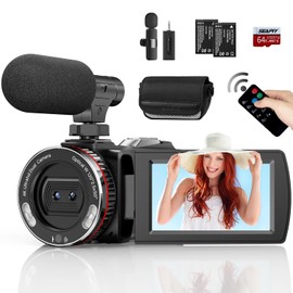 Weochi Video Camera, Camcorder 4K, 64MP 30FPS Dual Lens Camera with Wireless Mic for Vlogging YouTube, Ultra HD 3 Inch Screen 21X Digital Zoom, Video Recorder Camera with 64GB SD Card