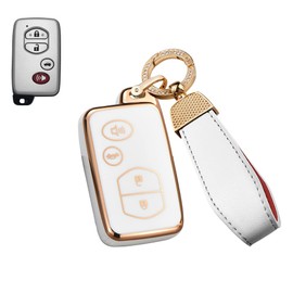 SANRILY Golden-Edge 4 Button Key Fob Cover for Toyota Camry Avalon Venza rav4 Corolla Highlander Venza 2009-2014 Keyless TPU Key Case Shell with Bling Keychain Beige