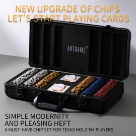 ARTGAME 14 Gram Clay Poker Chip Set for Texas Hold’em, 300Pcs Casino Style Chips, with K-Type Aluminum Case and Dealer Buttons.