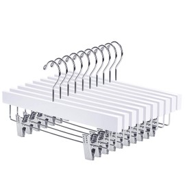 Nature Smile Wooden Pants Hangers Wood Bottom Jeans Skirt Hanger with Clips Anti Rust Hook Pack of 10 (White)