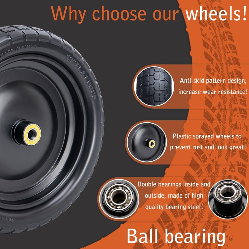 ASDFGHT 13" Flat Free Wheels for Gorilla Cart, Wheelbarrow, Garden