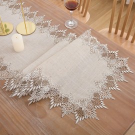 LIGICKY Linen Table Runner Neutral Lace Table Runners 48 Inches Beige and Tan Embroidered Runner for Dresser Top Spring Summer Wedding Home Dining Table Decorations 16x48 inch