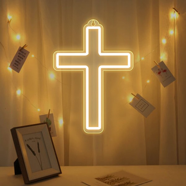 Jesus Cross Neon Signs LED Neon Hanging Wall Night Lights for Christmas Christ Home Decor Gifts, Soft Warm White Color Night Lamp