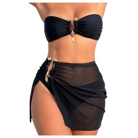WDIRARA Women's Ring Linked Bandeau Bikini Set Tie Backless Bathing Suit 3 Piece Swimsuit with Cover Up Skirt Black Large