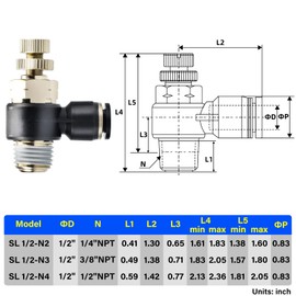 TAILONZ PNEUMATIC 2 Pack SL-1/2-N3 Push to Connect Air Line Fitting Air Flow Control Valve 1/2 Inch od 3/8 Inch Npt Elbow 90 Degree Air Speed Control Valve Fitting