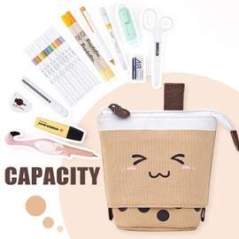 NEWUPZSI Pencil Case Girls Zip 2-in-1 Cartoon Cat Pencil Case and Pen Holder Retractable Stand Pencil Holder Teenagers Student Telescopic Pencil Case, coffee milk tea, Business Card Case