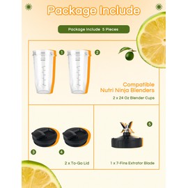 5-Piece Ninja Blender Replacement Parts - 2 Pack 24oz Cups with To-Go Lids, 7-Fins Extractor Blade, Compatible with Nutri Ninja Auto iQ Blenders BN401, BN751, BN801, BL450, BL480, BL640, BL642, NN100