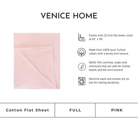 Venice Home 100% Cotton Flat Top Sheet Only - T-Shirt Fabric Jersey Knit - Extra Soft - Wrinkle Free - Machine Washable - Easy Fit - Breathable - Comfy (Pink, Full)