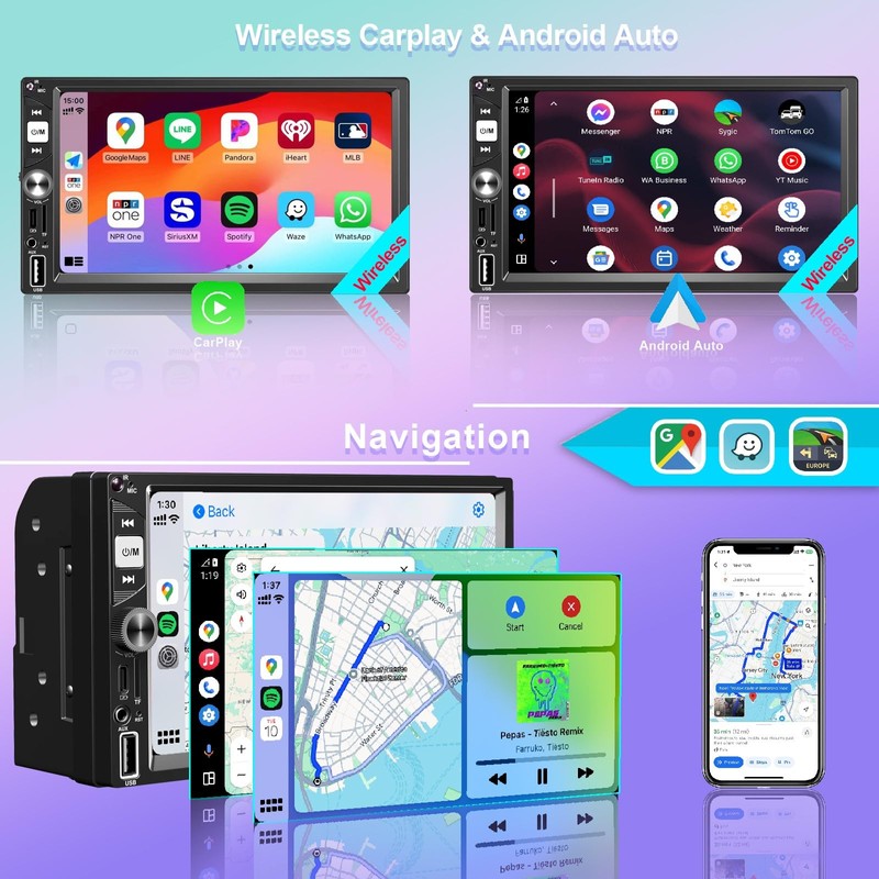 7” Wireless Apple CarPlay Double Din Car Stereo,FM Car Radio,Bluetooth
