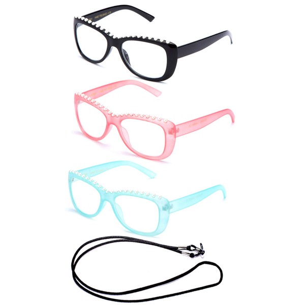 Newbee Fashion - Womens Unique Style Elegant Pearl Frames Reading Glasses Black/Pink/Teal
