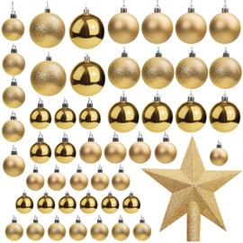 Belle Vous 50 Pack Christmas Baubles - Assorted Size Glittery Gold Baubles with Star Tree Top - Xmas Tree Ball Hanging Ornaments for Christmas Decorations Holiday Party Indoor & Outdoor Decorations