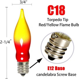 12 Pack C18 Red and Yellow Christmas Flame Candle Lights Bulb, E12 Candelabra Base Flame Shaped Incandescent Replacement Bulbs for Christmas Window Candles, Chandelier, Outdoor String Lights Decor