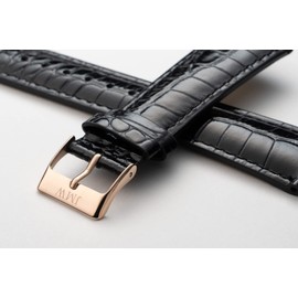 JMW TOKYO Watch Belt, Lug Width 0.9 inches (22 mm), Genuine Leather Replacement Strap, Watch Band, Black Leather, Rose Gold Buckle, Tool, Spring Bar, Box Included, Men's, Men's, Square-shaped Model,