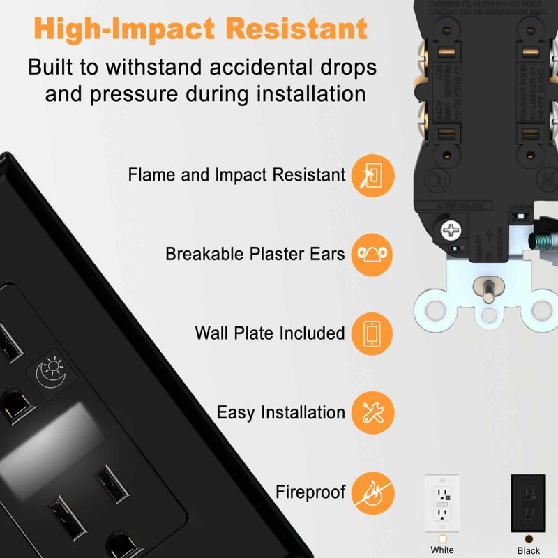 Black Wall Outlet Receptacle with Night Light,Electrical Receptacle Outlets,15A 125V,