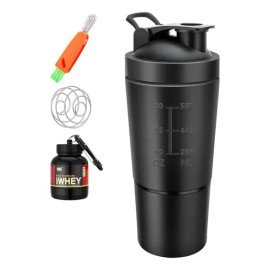 Shaker de Proteína HomeChi 700ml Acero Inoxidable Negro con Compartimento                                                                             