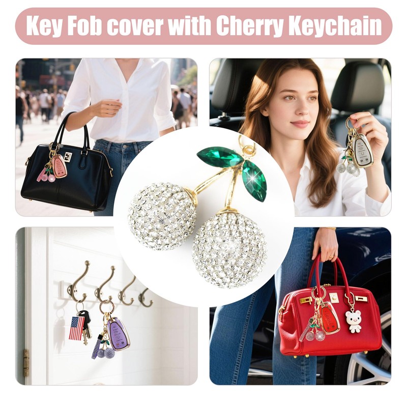 Rayslesan Sparkly Key Fob Cover with Cherry Keychain, Bling TPU