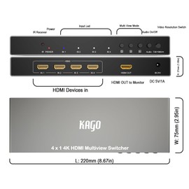 4K HDMI Multi Viewer (QuadView) with Remote – hdmi 4x1 Quad Multi-viewer,4 HDMI Inputs (Devices) &1 Output (Display), Up to 4K @30Hz, Seamless Switching
