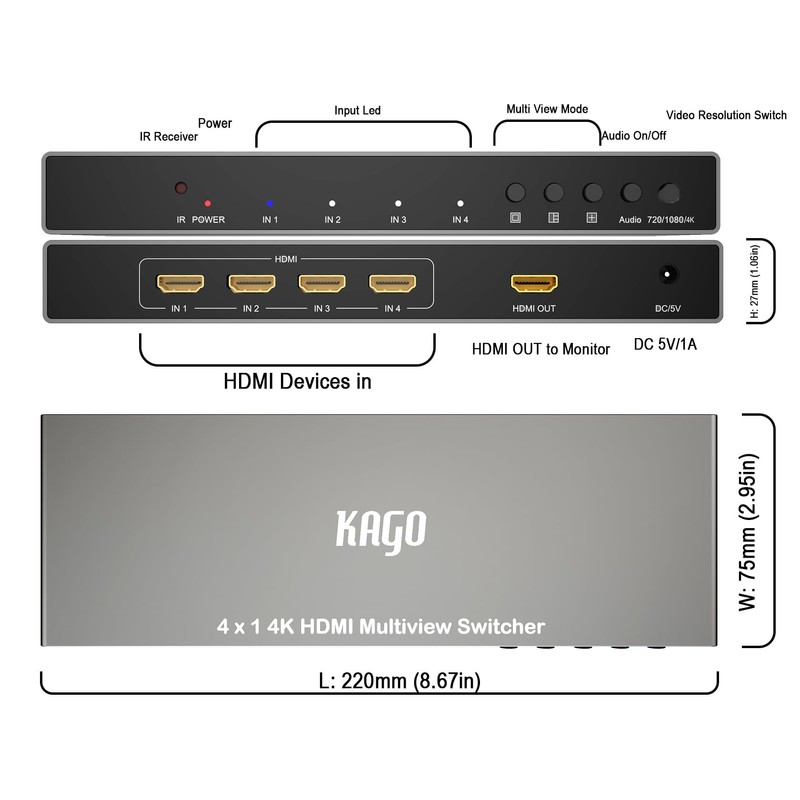KAGO 4K HDMI Multi Viewer 4x1 Quad Divider with Remote