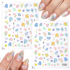 Flower Nail Art Stickers, 3D Embossed NailDecals Self-Adhesive Spring Summer Flowers NailArt Stickers Floral Nails Accessories for DIY Women Girls Nails Decoration