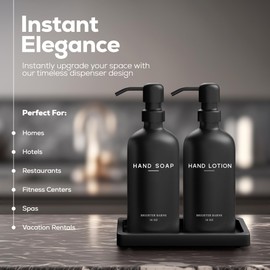 Black Glass Soap and Lotion Dispenser Set with Tray by Brighter Barns - Hand Soap Dispenser Bathroom Set & Stainless Steel Pump for Home - Black Bathroom Accessories, Modern Decor (Black)