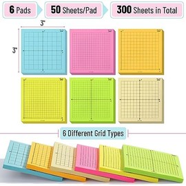 Mr. Pen- Graph Paper Sticky Notes, 6 Pads, 3x3 Inch, Bright Colors, Graph Sticky Notes, Stocky Notes for Bible Journaling