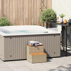 SKM Hot Tub Step Beige PE Rattan, Powder-Coated Steel, Solid Acacia Wood,Beige (Weight 15.43KG)