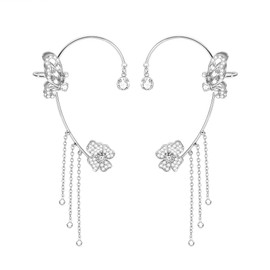 MelleFlarynsun 2PCS Butterfly Tassel Style Zircon Earrings Butterfly Ear Cuff for Women Silver Tassel Earrings Non Pierced Flower Wrap Around Ear Clips Fairy Earring Butterfly Jewelry Gift