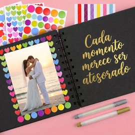 Kit de Álbum de fotos DIY, Scrapbook Album de 60 Páginas A5 Perfecto para Viajes, Halloween, Navidad, Bodas y Fiestas, Ideal para Guardar Recuerdos y Diseños de Bricolaje (Negro)
