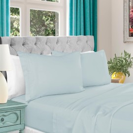Superior Egyptian Cotton 4 Piece Sheet Set, 1000 Thread Count, Eco-Friendly, Sustainable Sheets, Luxury Basics, Solid, Extra Deep Pocket Fitted Sheet, Flat Sheet, Pillowcases, Full, Baby Blue