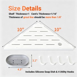 Corner Shower Shelves, 10" white 304 Stainless Steel Recessed Shelf for Bathroom，With silicone soap dish and razor holder，Grout in Shelf with Hooks for Tiled Wall 2 Pack(white)