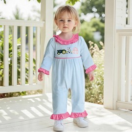 Newborn Baby Girl Fall Outfit Farm Clothes Tractor Cow Embroidery Ruffle Long Sleeve Romper One Piece Jumpsuit (Sky Blue, 0-3 Months)