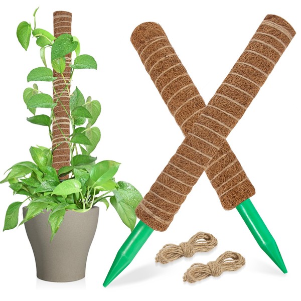 Sukh Moss Totem Pole - Moss Pole for Plants Monstera 2 Pcs 15.7 Inch Coco Coir Pole for Climbing Indoor Potted Plants Training Grow Upwards with Jute String Moss Stick for Plant Support Extension