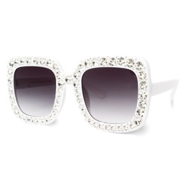 ailov Sparkly Rhinestone Retro Sunglasses for Men Women Elton Accessories Big Square Disco Glasses (White Frame/Clear Crystal)