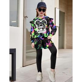 Aulyffo 3t Girl Clothes 4t Girls Outfits Two Piece Tie Dye Toddler Girl Clothes Ruffle Sleeve Graphic Print Tops + Skirt Leggings Fall Winter Sweatsuit Sets Black