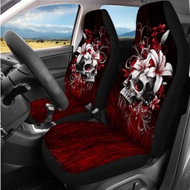 Jndtueit 12Pcs Skull Lily Flower Red Car Seat Covers Full Set with Automotive Heavy Duty Seat Cover Car Seat Belt Cushion Shoulder Pad Lipstick Organizer Case Auto Coaster for Car Decoration