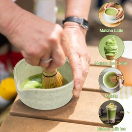 5 in 1 Matcha Set Japanisches Matcha Tee Set mit Matcha Besen, Matcha Schale mit Ausgießer, Matcha Schneebesen, Halter Handwerklich Matcha Tea Set aus Keramik Zubehör für Matcha-Zeremonie (Grün)